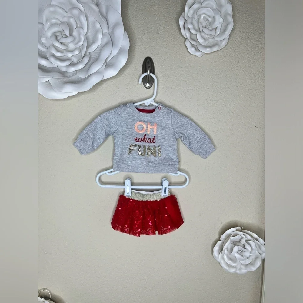 Cat & Jack Oh What Fun Newborn Girl Christmas Outfit with Red Sequin Skirt
